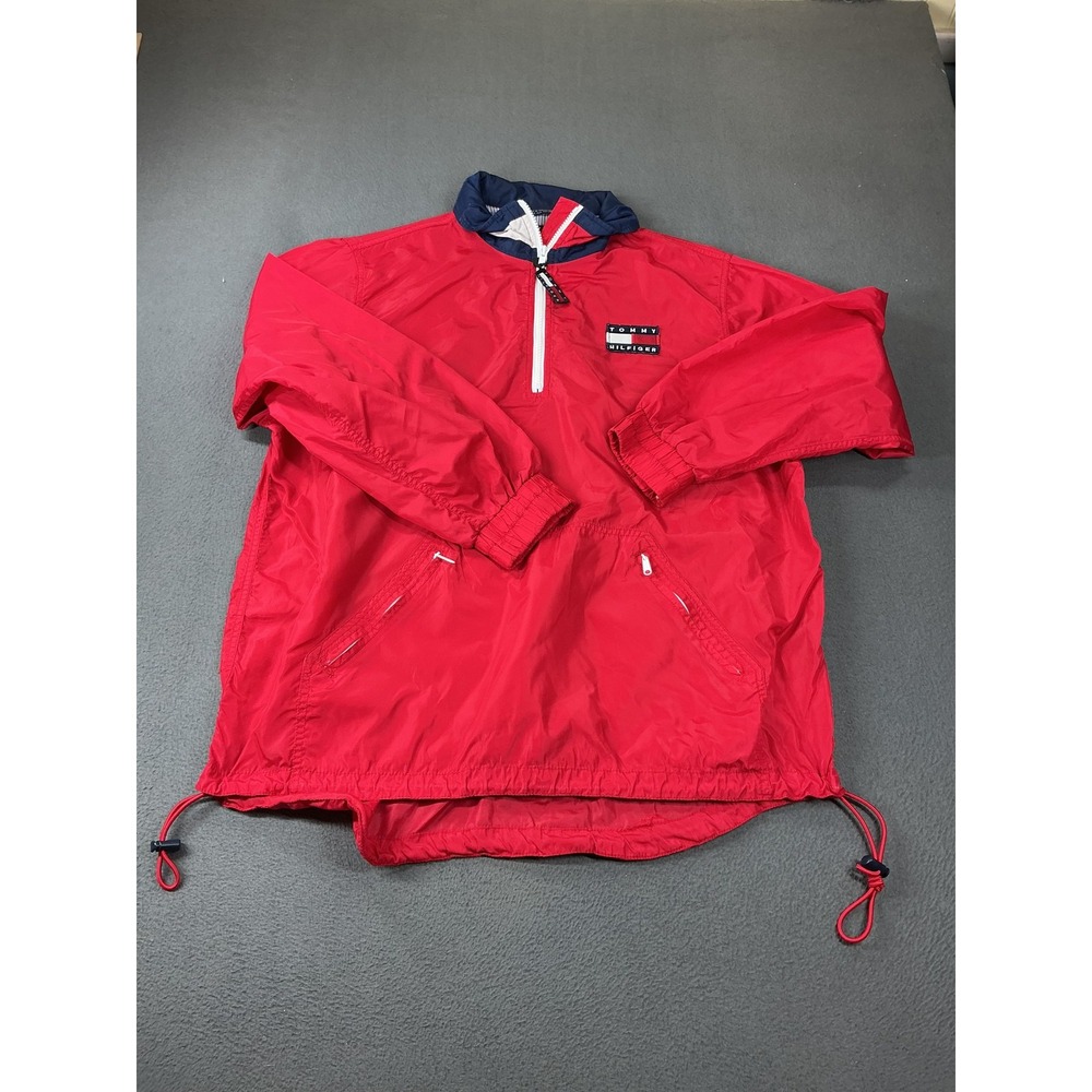 Tommy Hilfiger Jacket Mens L Red Windbreaker Hooded 1/4 Zip Pockets Drawstring